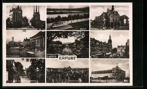 AK Erfurt, Angerstrasse mit Geschäften, Stadion mit Strassenbahn, Hermann Göring-Flughafen