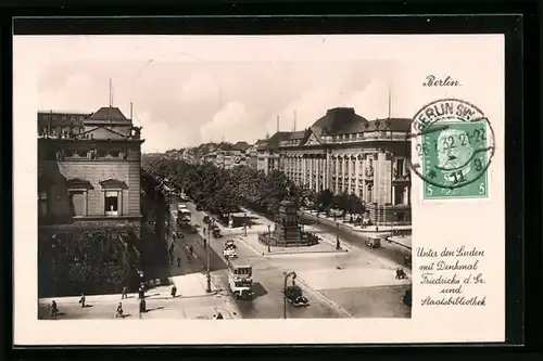AK Berlin, Unter den Linden mit Denkmal Friedrichs d. Gr. und Staatsbibliothek