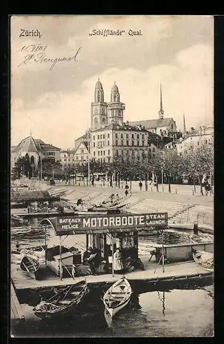 AK Zürich, Schifflände Quai mit Kirche