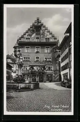 AK Zug, Hotel Ochsen am Kolinplatz mit Brunnen
