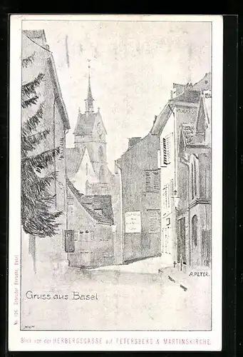 Künstler-AK Basel, Strassenpartie mit Uhrturm