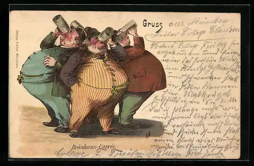 AK München, Bräuhaus-Carree, Beleibte Herren trinken Bier aus Krügen