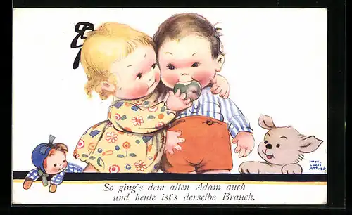 Künstler-AK Mabel Lucie Attwell: So ging`s dem alten Adam auch..., Kinderpaar mit Apfel, Puppe und Hund