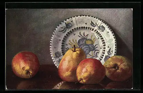 Künstler-AK M. Billing: Aufgestellter Teller mit Birnen