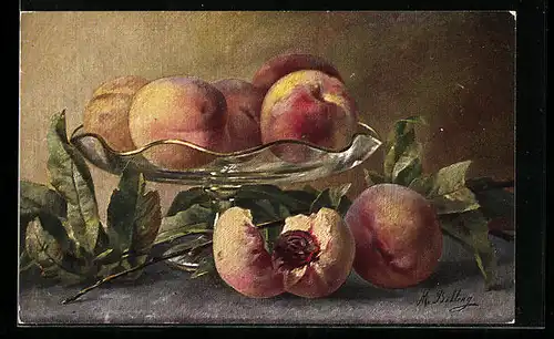 Künstler-AK M. Billing: Schale mit Pfirsichen