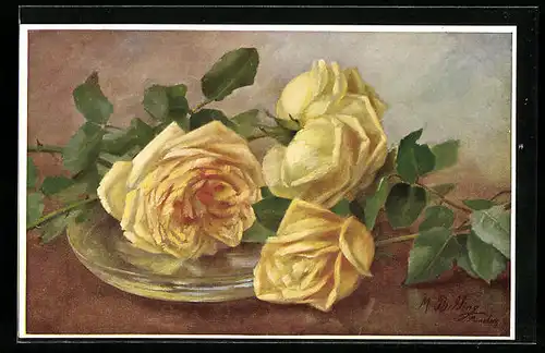 Künstler-AK M. Billing: Gelbe Rosen in voller Blüte