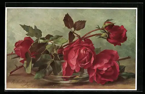 Künstler-AK M. Billing: Rote Rosen in voller Blüte