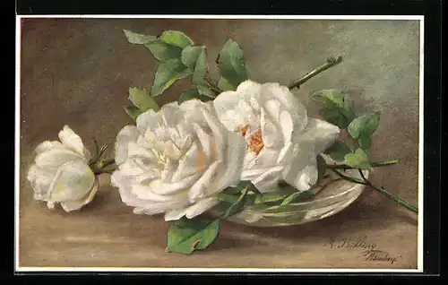 Künstler-AK M. Billing: Weisse Rosen in voller Blüte