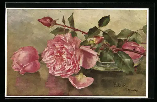 Künstler-AK M. Billing: Rosa Rosen in voller Blüte