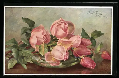 Künstler-AK M. Billing: Rosa Rosen mit Knospe