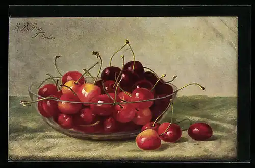 Künstler-AK M. Billing: Kirschen in einer Glasschale