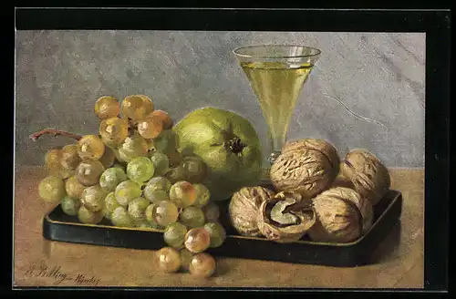 Künstler-AK M. Billing: Tablett mit Weintrauben, Nüssen, Birne und Champagner