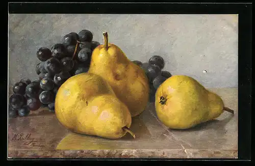 Künstler-AK M. Billing: Stilleben mit Birnen und Trauben