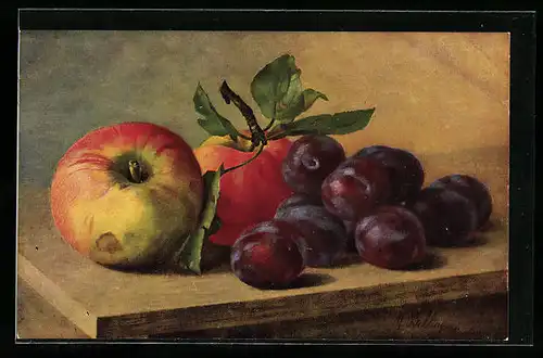 Künstler-AK M. Billing: Stillleben mit Äpfeln und Pflaumen