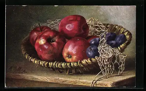 Künstler-AK M. Billing: Korb mit Äpfeln und Pflaumen
