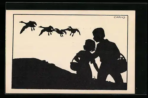 Künstler-AK Carus: Schattenbild, Kinderpaar und fliegende Vögel