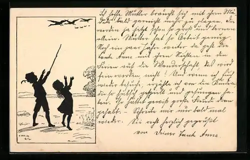 Künstler-AK Carus: Schattenbild, Kinderpaar und fliegende Vögel