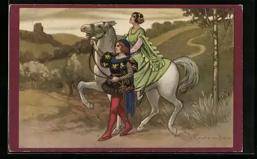 Künstler-AK E. Colombo: Edelmann mit Frau auf Pferd