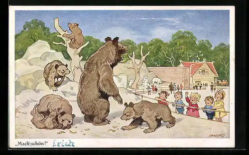 Künstler-AK Fritz Baumgarten: Kinder bei den Bären im Zoo