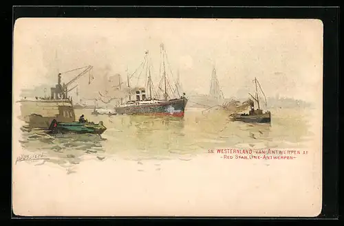 Künstler-AK Henri Cassiers: Antwerpen, Passagierschiff SS. Westernland in Fahrt