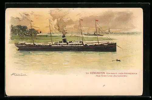 Künstler-AK Henri Cassiers: Antwerpen, Passagierschiff SS. Kensington vor Anker