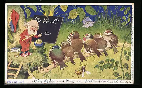 Künstler-AK Fritz Baumgarten: Zwerg unterrichtet Vogelkinder