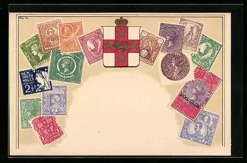 AK South Wales, Briefmarken und Wappen