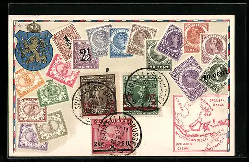 AK Niederländisch-Indien, Briefmarken und Wappen, Landkarte