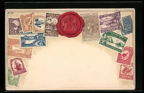 Präge-AK Neuseeland, Briefmarken und Siegel