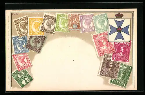 AK Australien, Queensland, Briefmarken und Wappen