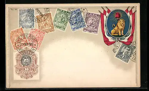 AK Paraguay, Briefmarken und Wappen mit Fahnen