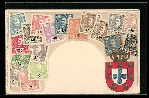 Lithographie Portugal, Briefmarken und Wappen mit Krone