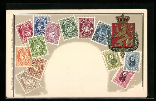 Präge-Lithographie Norwegen, Briefmarken und Wappen mit Krone