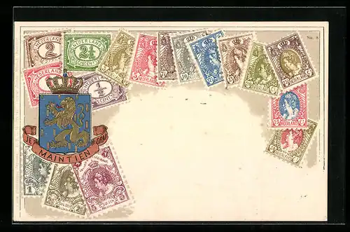 Präge-AK Niederlande, Briefmarken und Wappen mit Krone