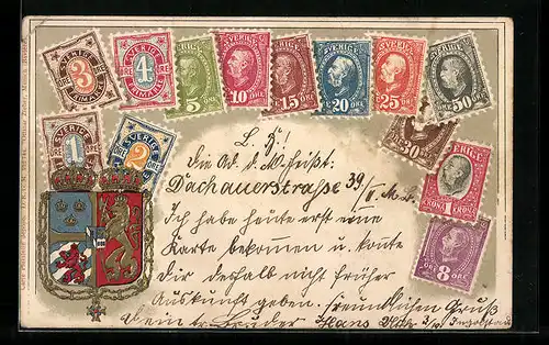 Präge-Lithographie Schweden, Briefmarken und Wappen mit Kronen
