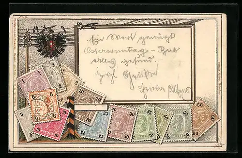 Präge-AK Österreich, Briefmarken und Wappen mit Krone, Telegraphenleitung mit Schwalben