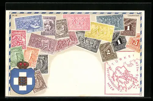 Präge-AK Griechenland, Briefmarken und Wappen mit Krone, Landkarte