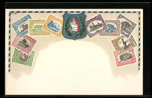 AK Guatemala, Briefmarken und Wappen