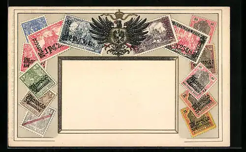 AK Marocco / Deutsches Reich, Briefmarken und Reichswappen mit Krone