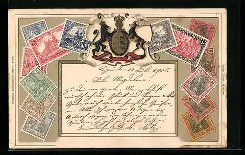 Präge-Lithographie Deutsches Reich, Briefmarken und Wappen