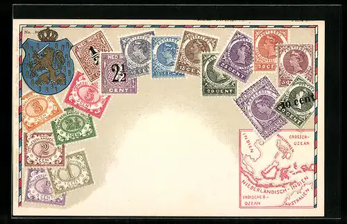 AK Niederländisch-Indien, Briefmarken und Wappen mit Krone, Landkarte