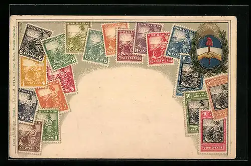 Präge-Lithographie Argentinien, Briefmarken und Wappen, Goldene Sonne