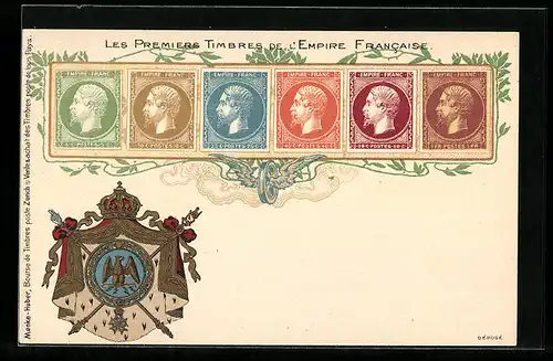 Lithographie Les Premiers Timbres de l`Empire Francaise, Briefmarken und Wappen Frankreichs, gefügeltes Rad