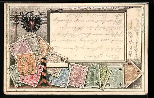 Präge-Lithographie Österreich, Briefmarken, Wappen, Telegraphenleitung mit Schwalben