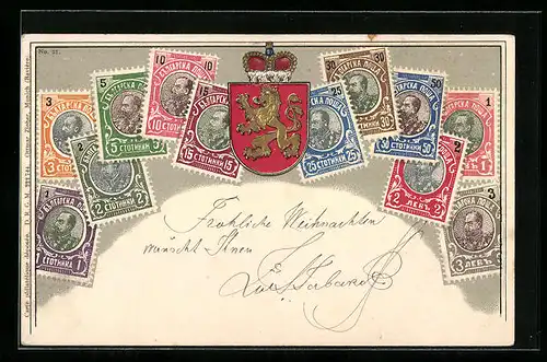 Präge-Lithographie Bulgarien, Briefmarken, Wappen mit Krone