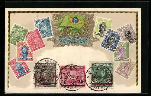 Lithographie Brasilien, Briefmarken und Flagge auf goldenen Sonnenstrahlen