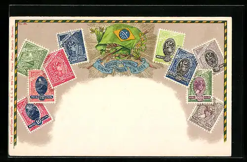 Lithographie Brasilien, Briefmarken und Flagge auf goldenen Sonnenstrahlen, Lorbeer
