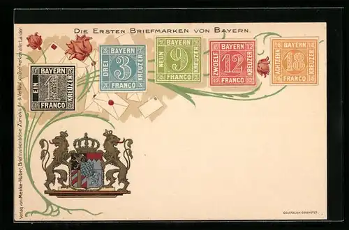 Lithographie Bayern, Die ersten Briefmarken, Wappen, Blumen