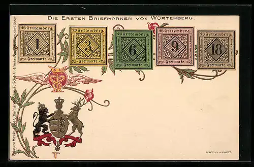 Lithographie Würtemberg, Die ersten Briefmarken, Wappen, Blumen, geflügelter Helm mit Schlangenstab
