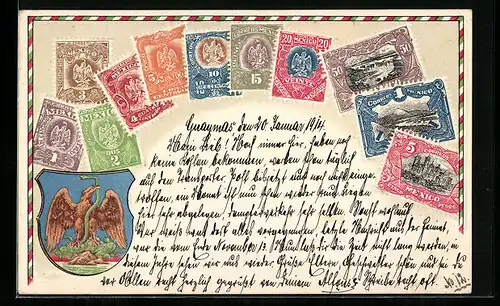 Präge-Lithographie Mexiko, Briefmarken, Wappen